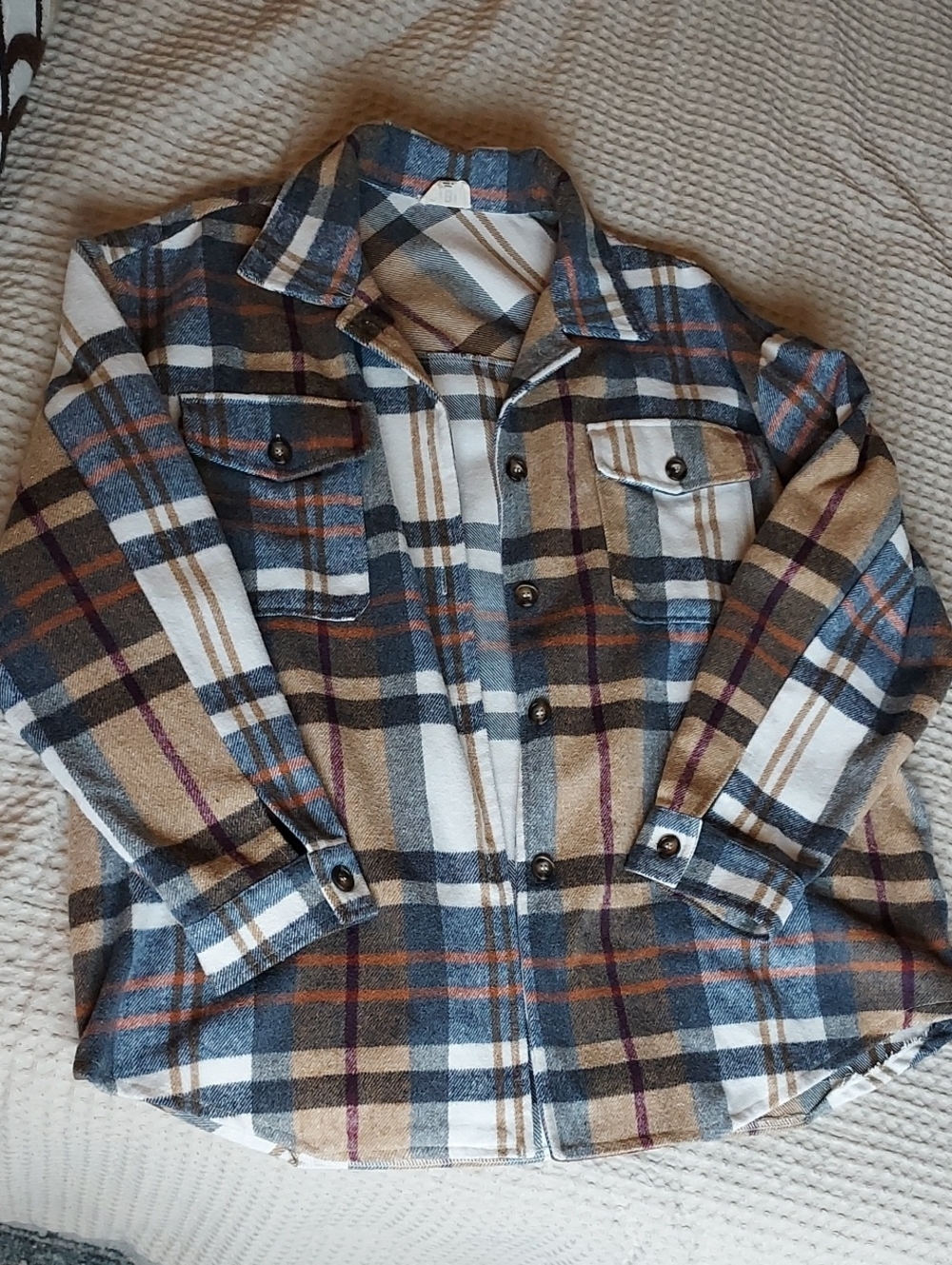 Women's Button-Up Jacket Shacket - Blue, Tan & White